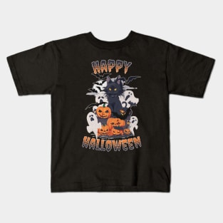 HAPPY HALLOWEEN - BLACK CAT, GHOSTS & PUMPKINS Kids T-Shirt